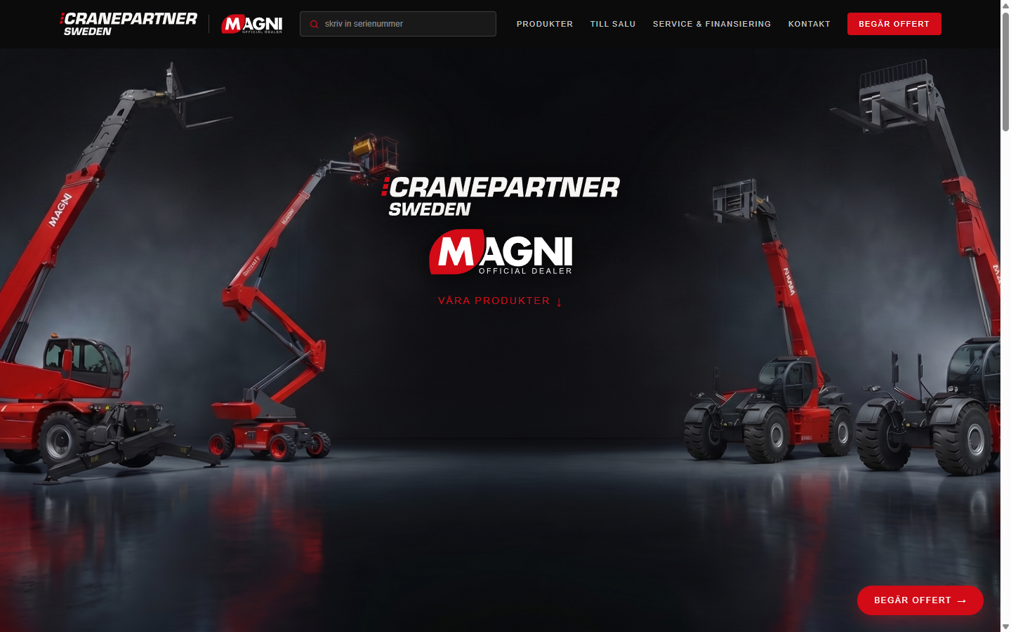 Cranepartner komplett landningssida — hero med logos, produkter, till salu, service, kontakt